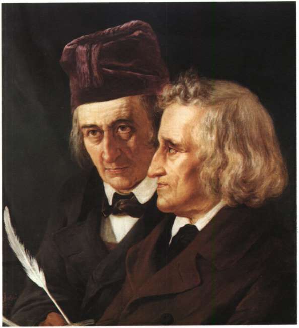 Οι Γερμανοί αδερφοί Γύκομπ και Βίλχελμ Γκριμμ, γνωστοί για τη συλλογή τους λαϊκών γερμανικών παραμυθιών. Ελαιογραφία της Ε. Jerichau - Baumann (Βερολίνο, Nationalgalerie).